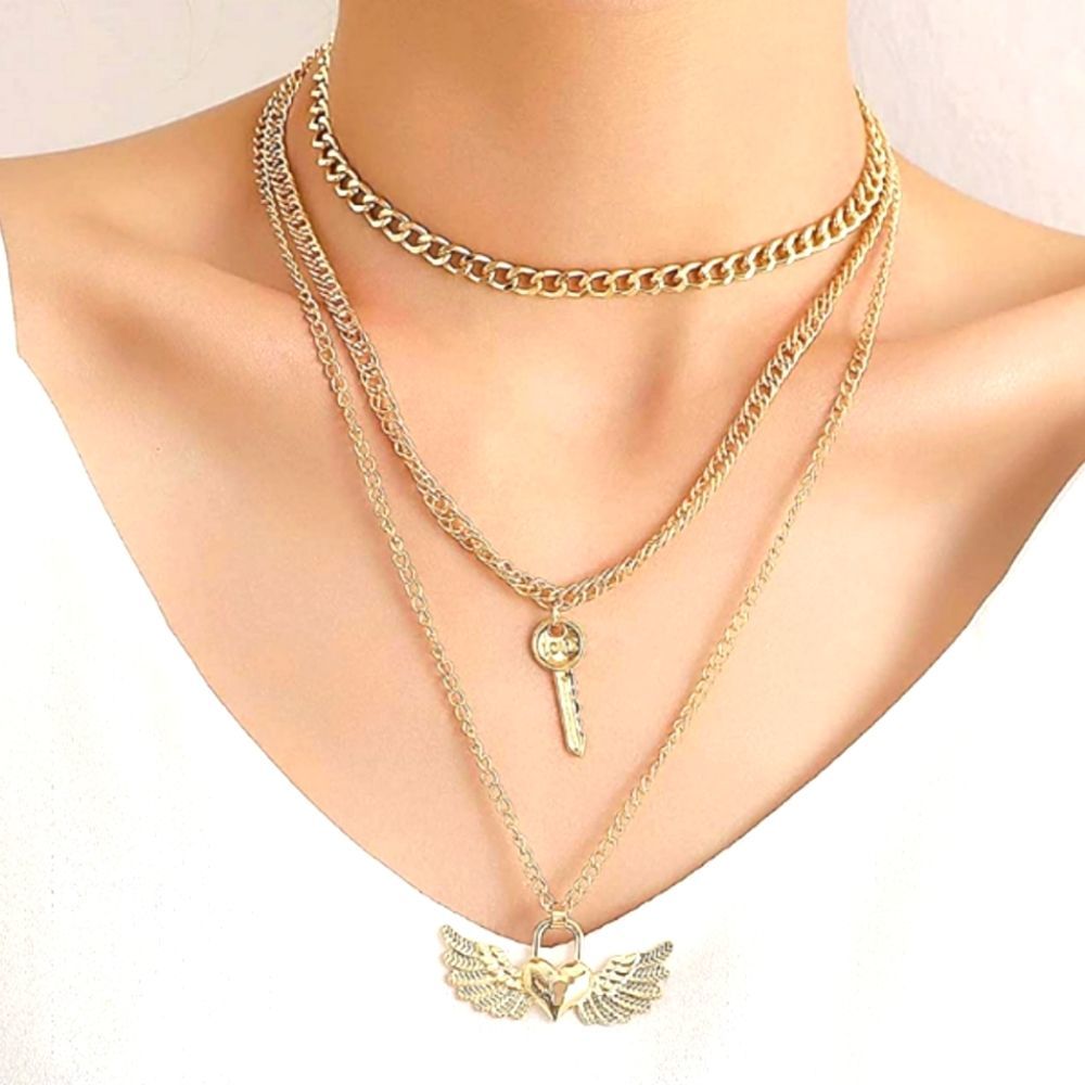 Angel Wings Heart Pendant Necklace Multilayer Lock
